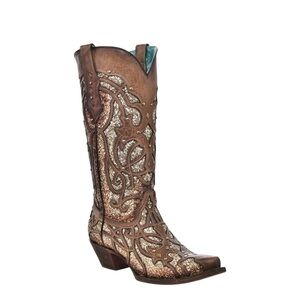 CORRAL Orix Glitter Inlay and Studs Women Size 8 Brown Snip Toe Cowboy Boot 3331